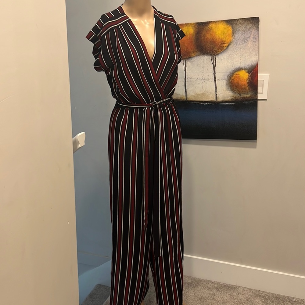 Short sleeve V-neck striped belted jumpsuit small